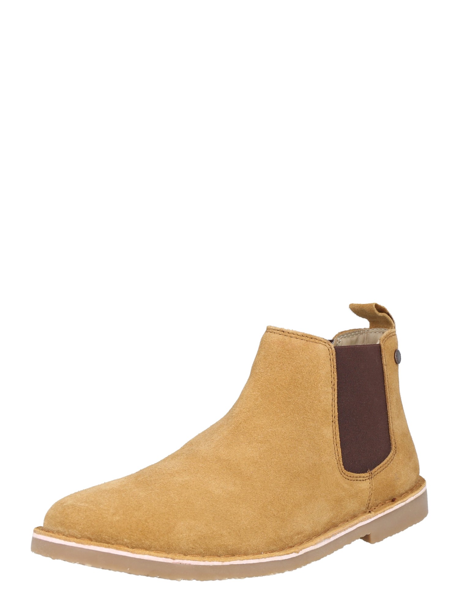 Cognac-colored suede Chelsea boot featuring a brown elastic side panel, a pull tab at the back, and a light-colored rubber sole for a stylish, casual look.
