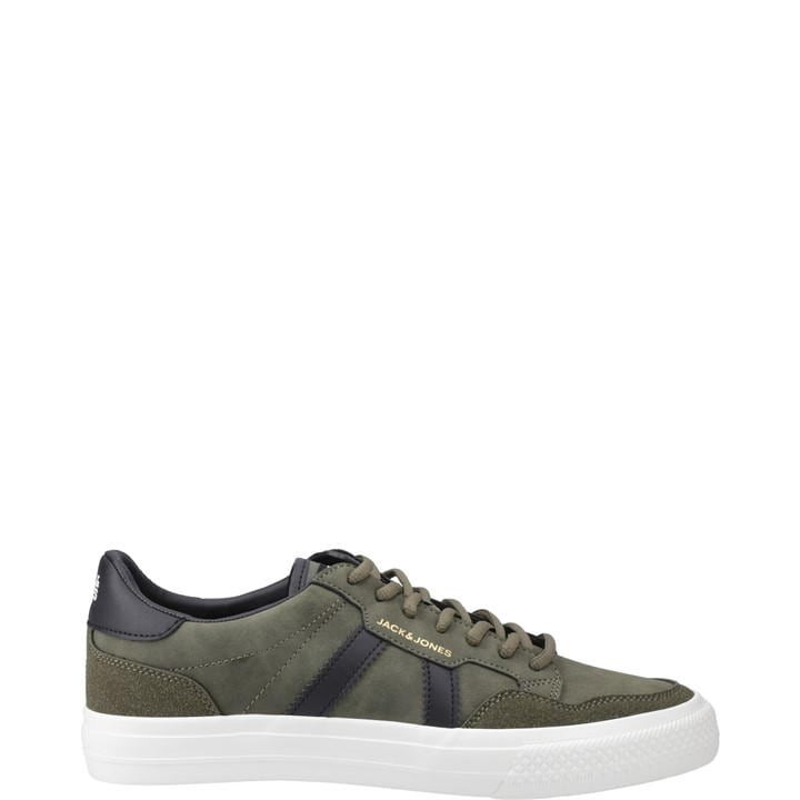 Olive night leather and suede trainer featuring a white rubber sole, lace-up front, and contrasting dark navy stripes on the sides.