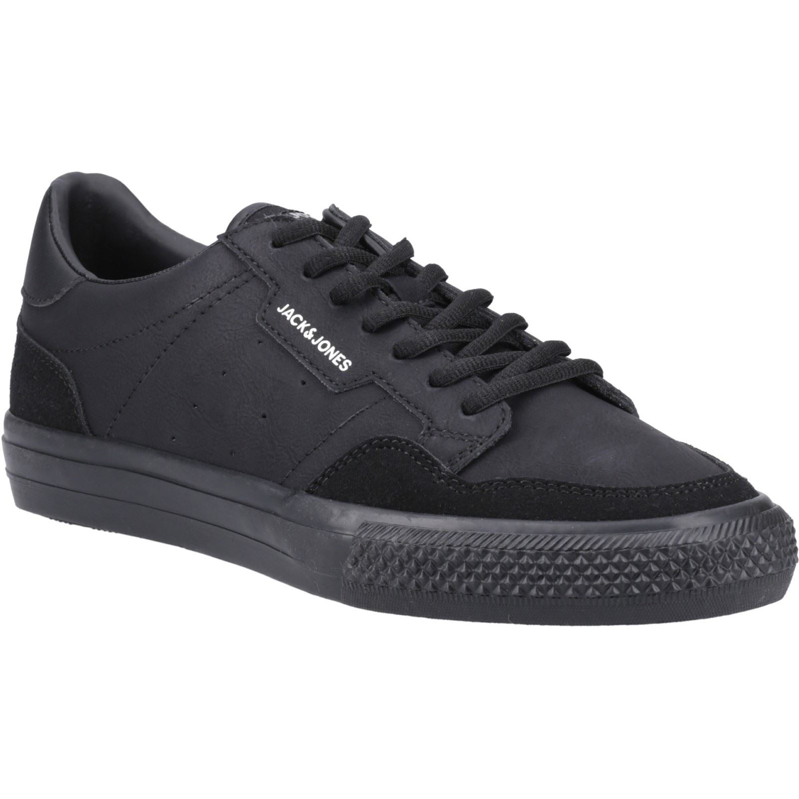 Black polyurethane trainers by Jack & Jones, featuring a sleek design, textured black accents, and a rubber sole with a patterned edge.