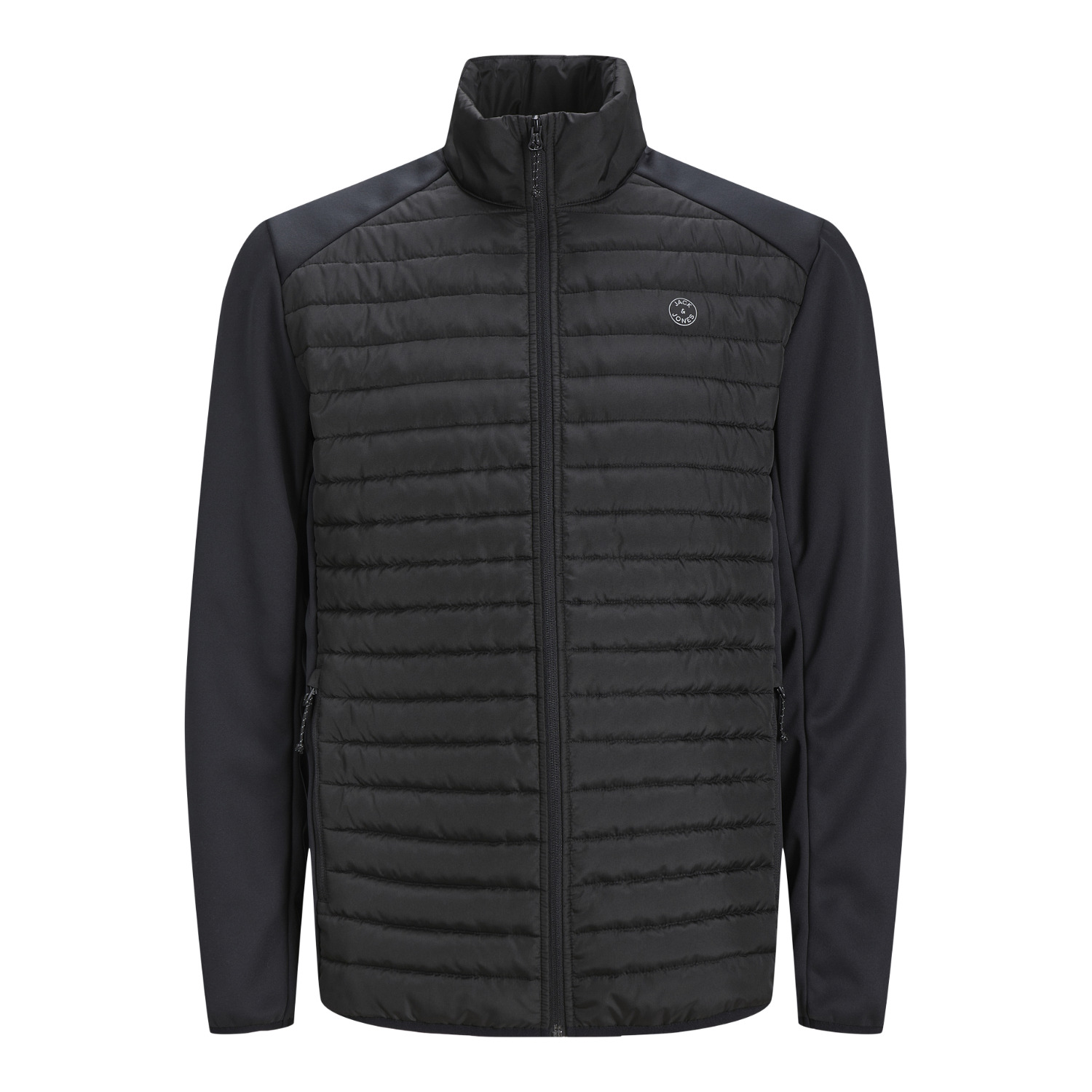 Black multi-quilted puffer jacket with a high collar, featuring a zip front, side pockets, and contrasting fabric on the shoulders and sleeves.