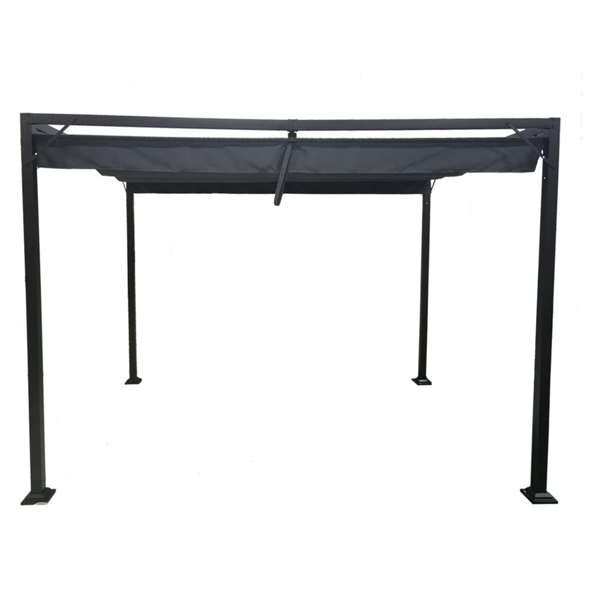 Manhattan standing pergola in grey metal with a retractable grey canopy, featuring a sturdy frame and four vertical posts for stability.