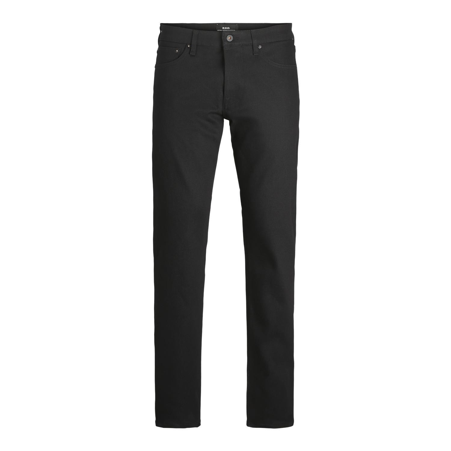 Black denim jeans by Jack & Jones, featuring a slim fit, five-pocket design, and a classic button closure, made from comfortable stretch material.