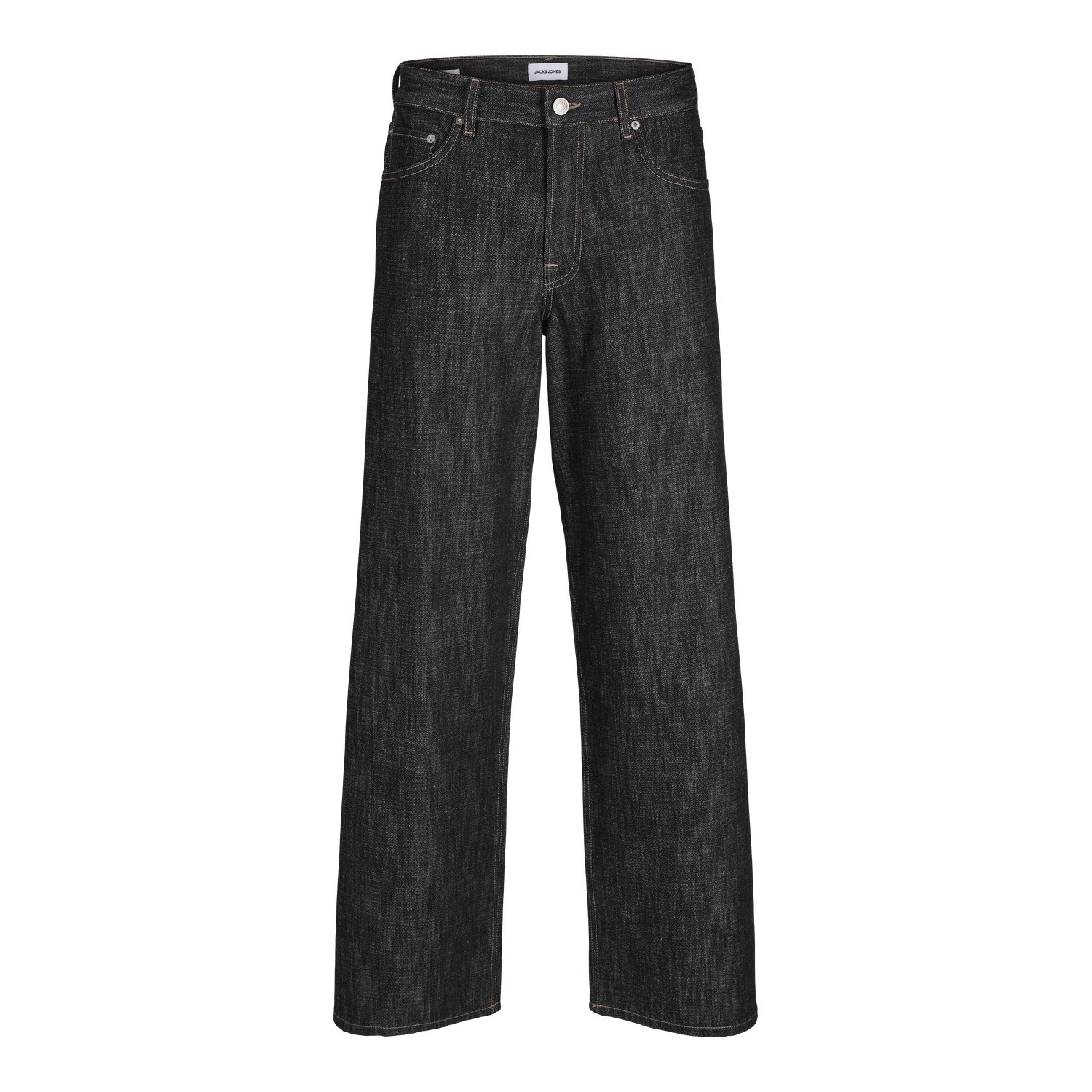 Dark denim jeans with a classic straight-leg fit, featuring a button closure, five-pocket design, and subtle stitching details.