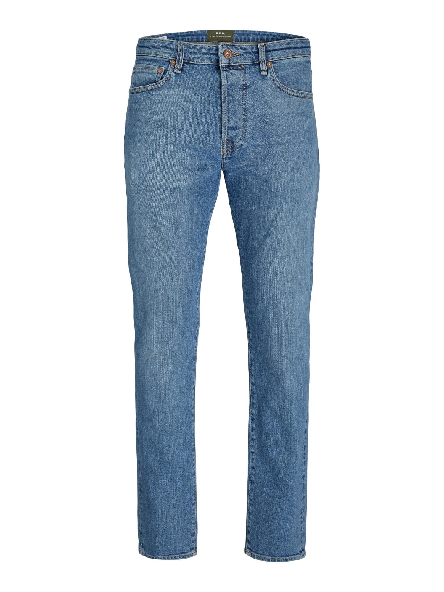 Light blue denim jeans by Jack & Jones, featuring a straight leg cut, classic five-pocket design, and a subtle faded finish for a casual look.