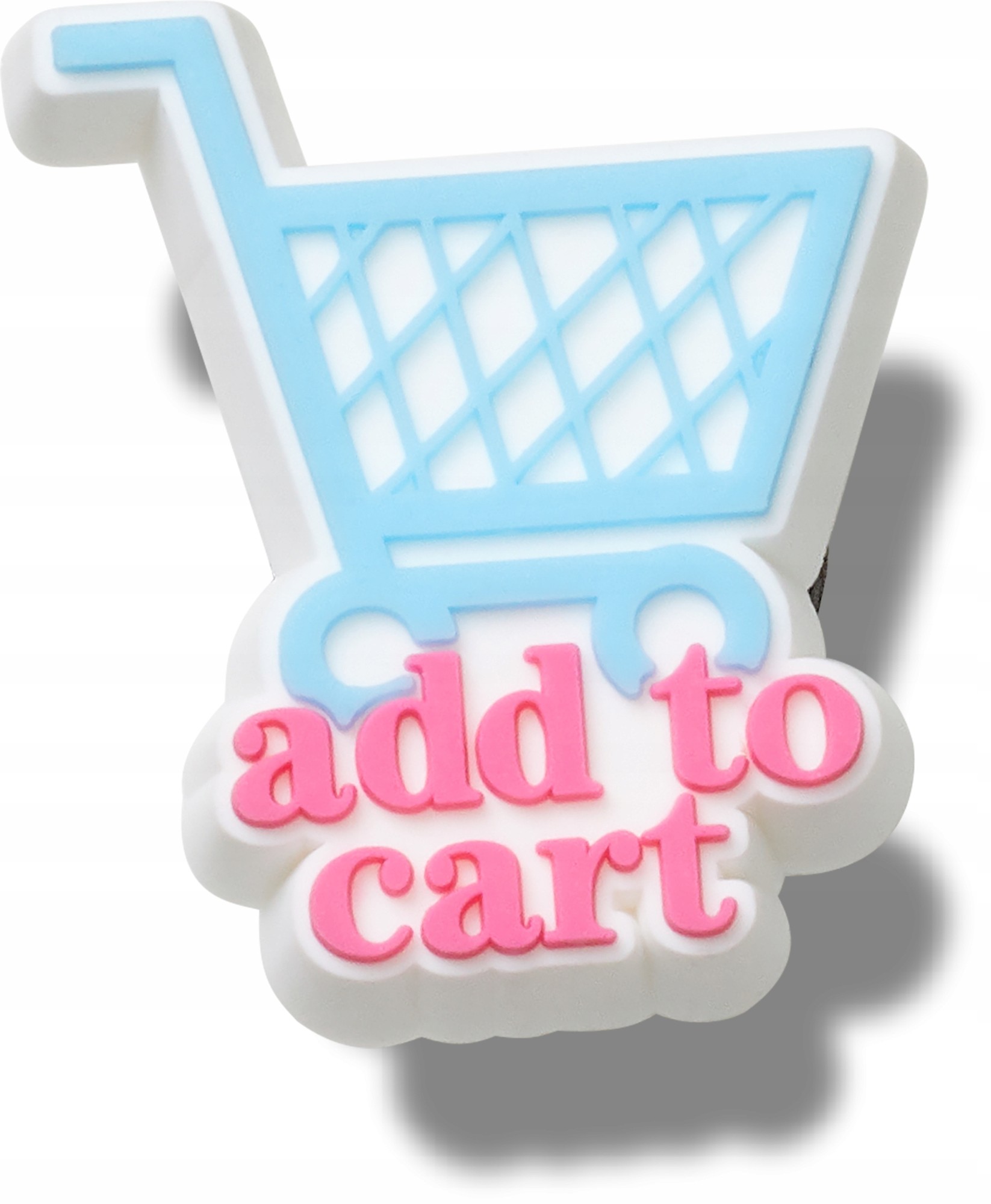 A colorful Jibbitz charm featuring a blue shopping cart design with the phrase "add to cart" in pink, made of soft rubber material for Crocs.