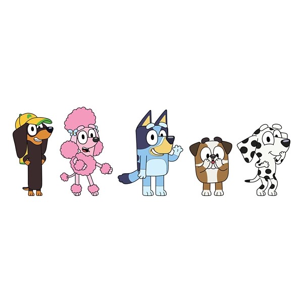 Five colorful Bluey character figurines featuring a brown dog with glasses, a pink poodle, a blue dog, a brown bulldog, and a black-and-white spotted dog, all with cartoonish designs.