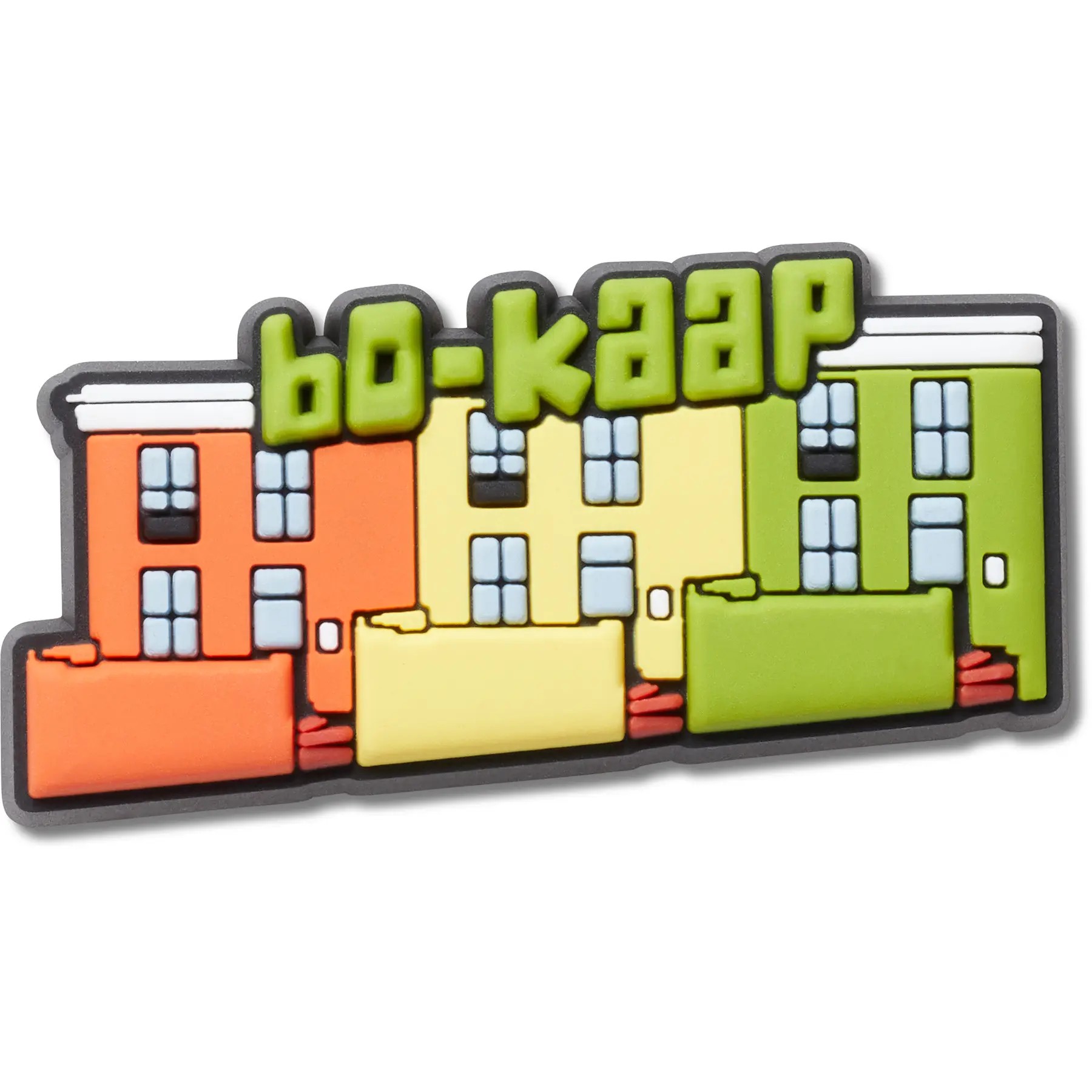 Colorful Jibbitz charm featuring stylized, vibrant buildings in orange, yellow, and green with the text "Bo-Kaap" in bold green letters, designed for Crocs footwear.