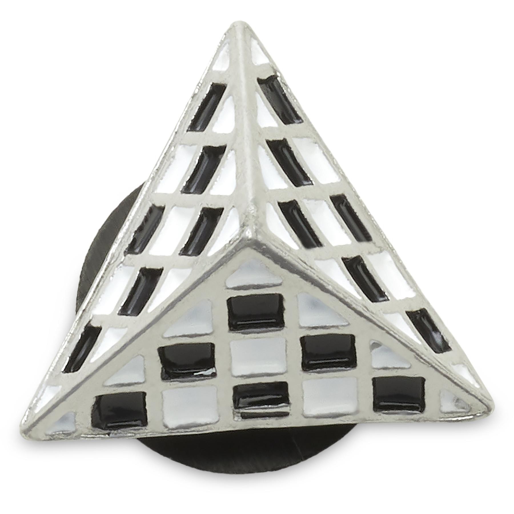 Silver and black checkerboard pyramid-shaped Jibbitz charm for Crocs, featuring a glossy finish and geometric design with a grid pattern.