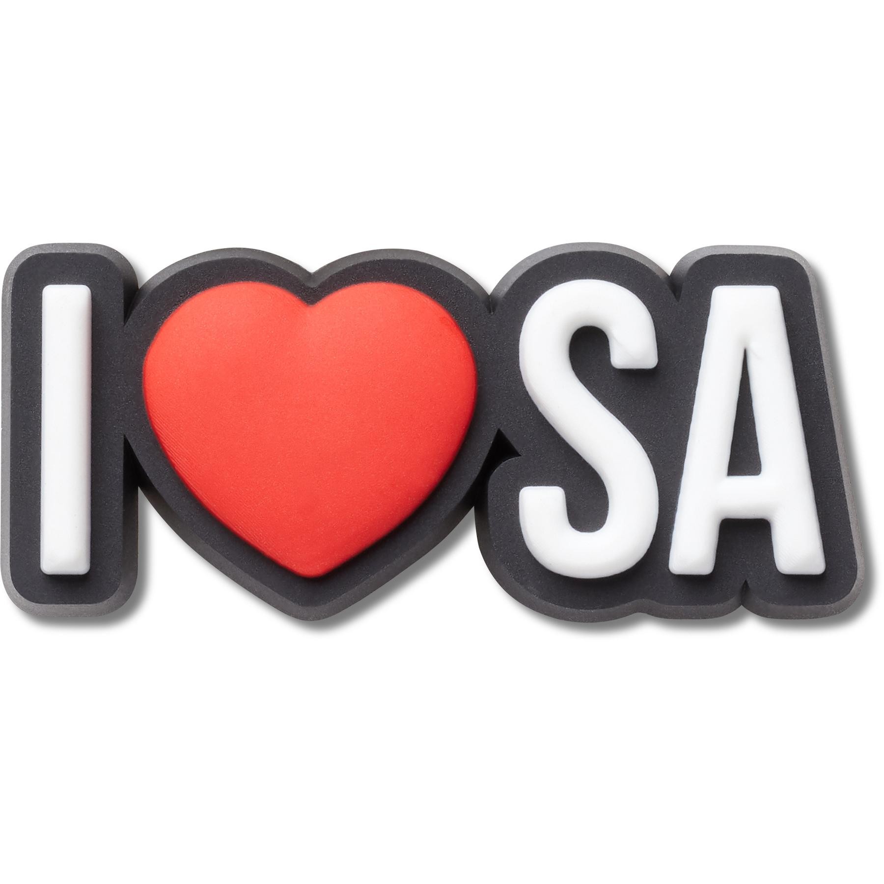 Jibbitz charm featuring bold "I ♥ SA" text, with a red heart, white letters, and a black background, designed for Crocs footwear.