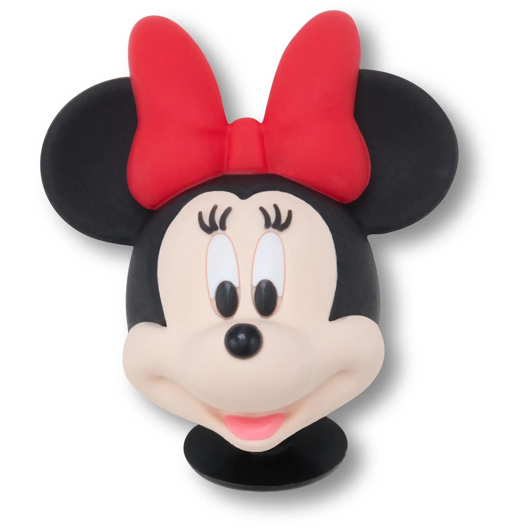 3D Jibbitz charm featuring Minnie Mouse's face, with a black and white design, large round ears, and a bright red bow on her head.
