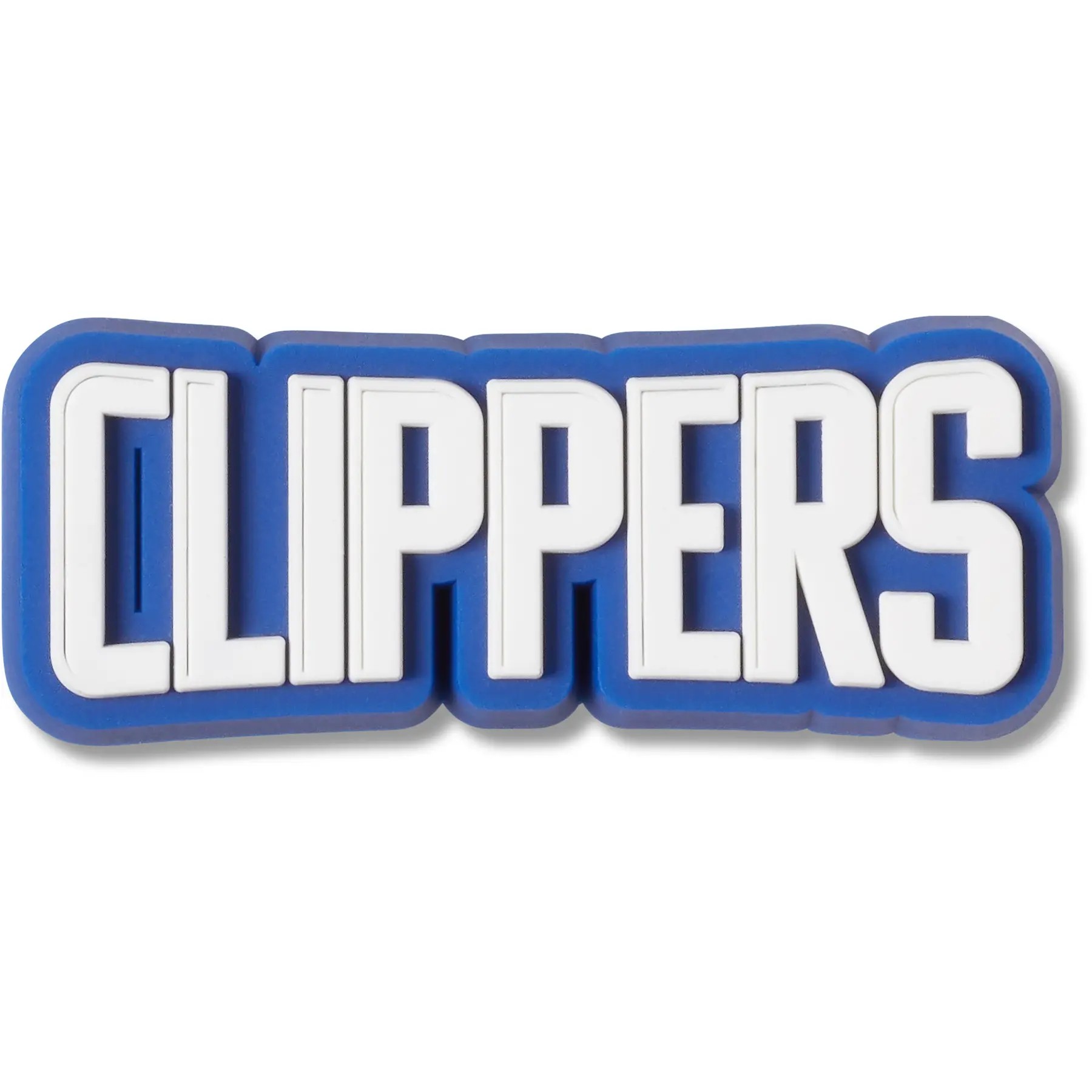 Blue and white rubber Jibbitz charm featuring the word "CLIPPERS" in bold, block letters, designed for Crocs footwear, representing the NBA team Los Angeles Clippers.