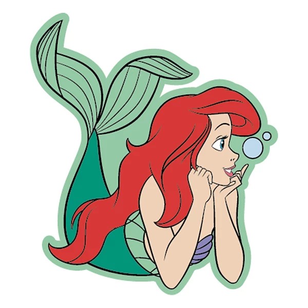 Brightly colored Jibbitz featuring Princess Ariel with flowing red hair, a green tail, and a purple top, set against a light green background.