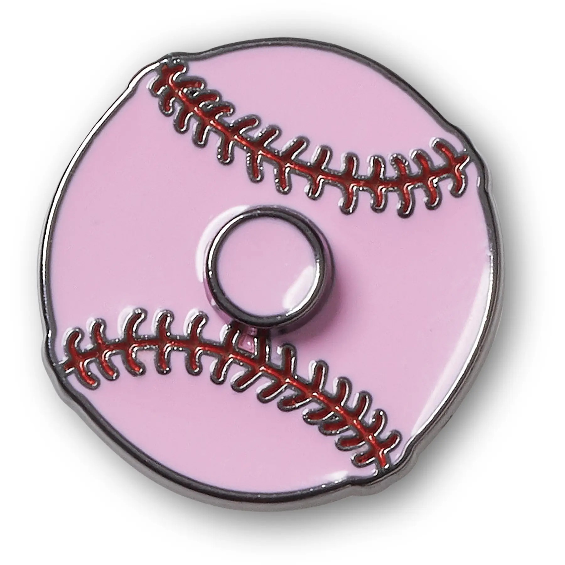 Bright pink Jibbitz charm shaped like a baseball, featuring red stitching details and a central hole for attachment to Crocs.