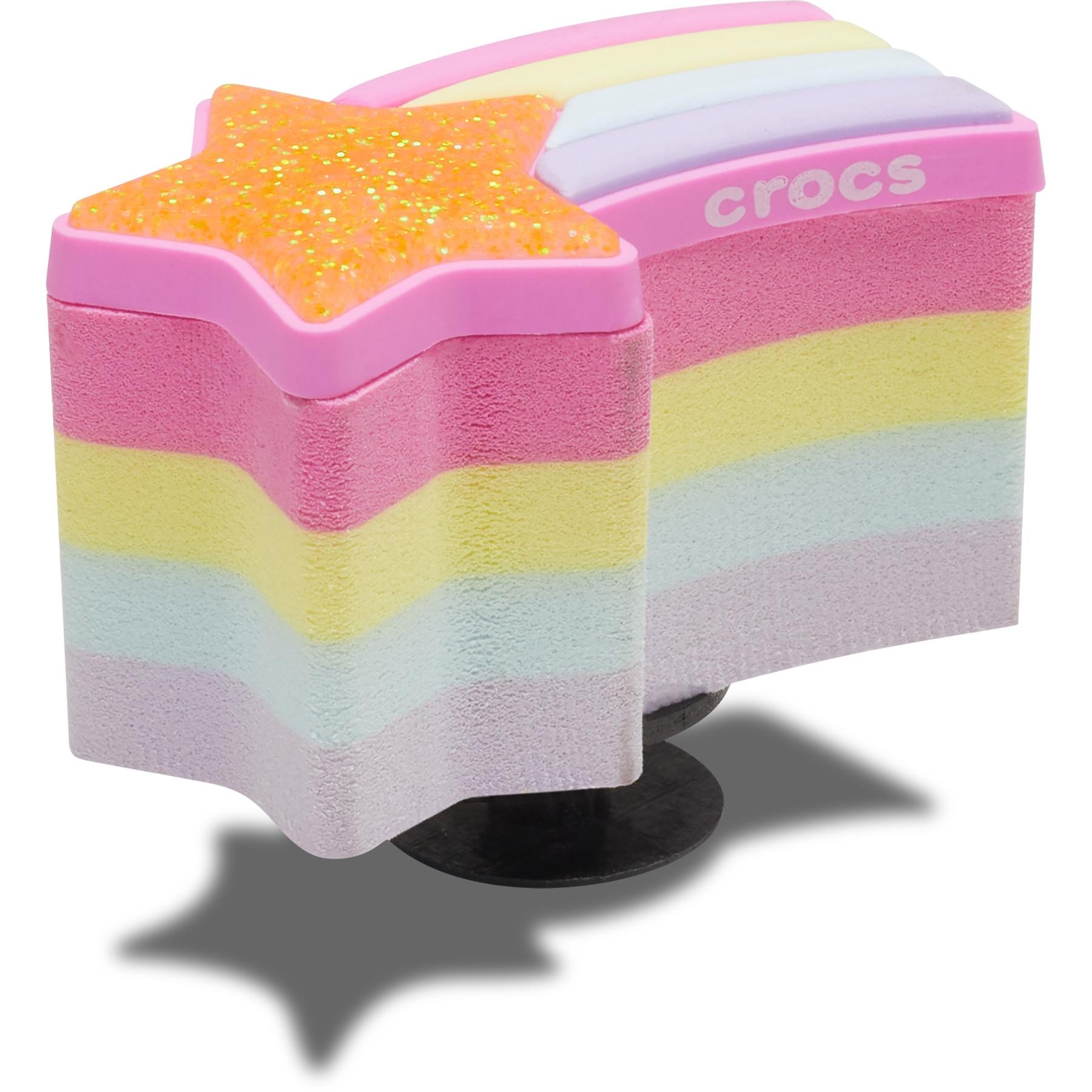 Colorful Crocs charm featuring a stacked design with pastel pink, yellow, and lavender layers, topped with a glittery pink star.