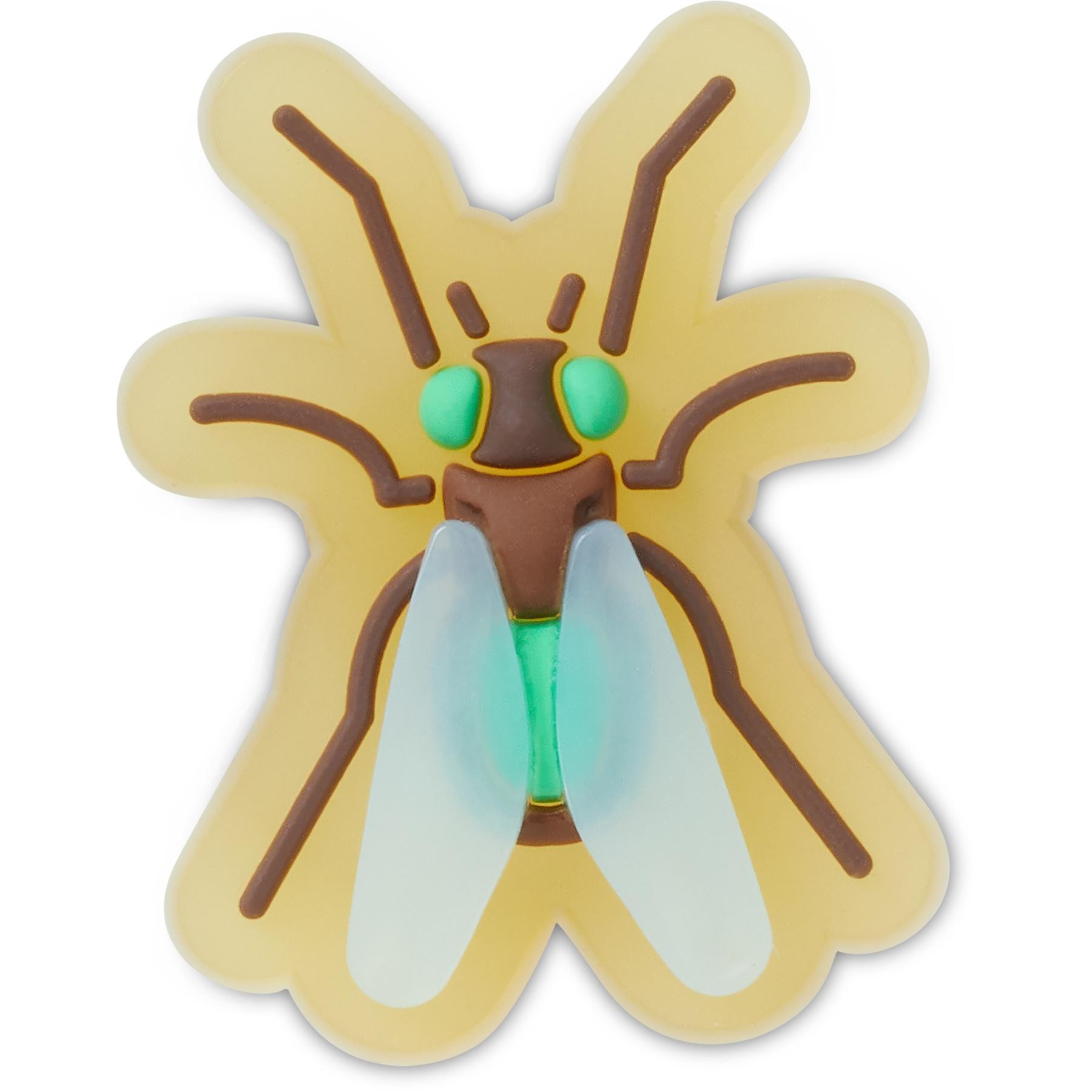 Yellow and brown rubber Jibbitz charm shaped like a fly, featuring green eyes and translucent blue wings, designed for Crocs footwear.
