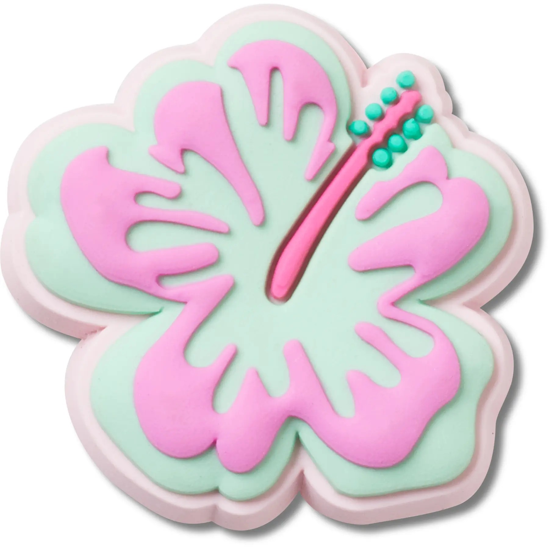 Turquoise and pink hibiscus Jibbitz charm featuring a three-dimensional design with raised details and a soft, rubbery texture.