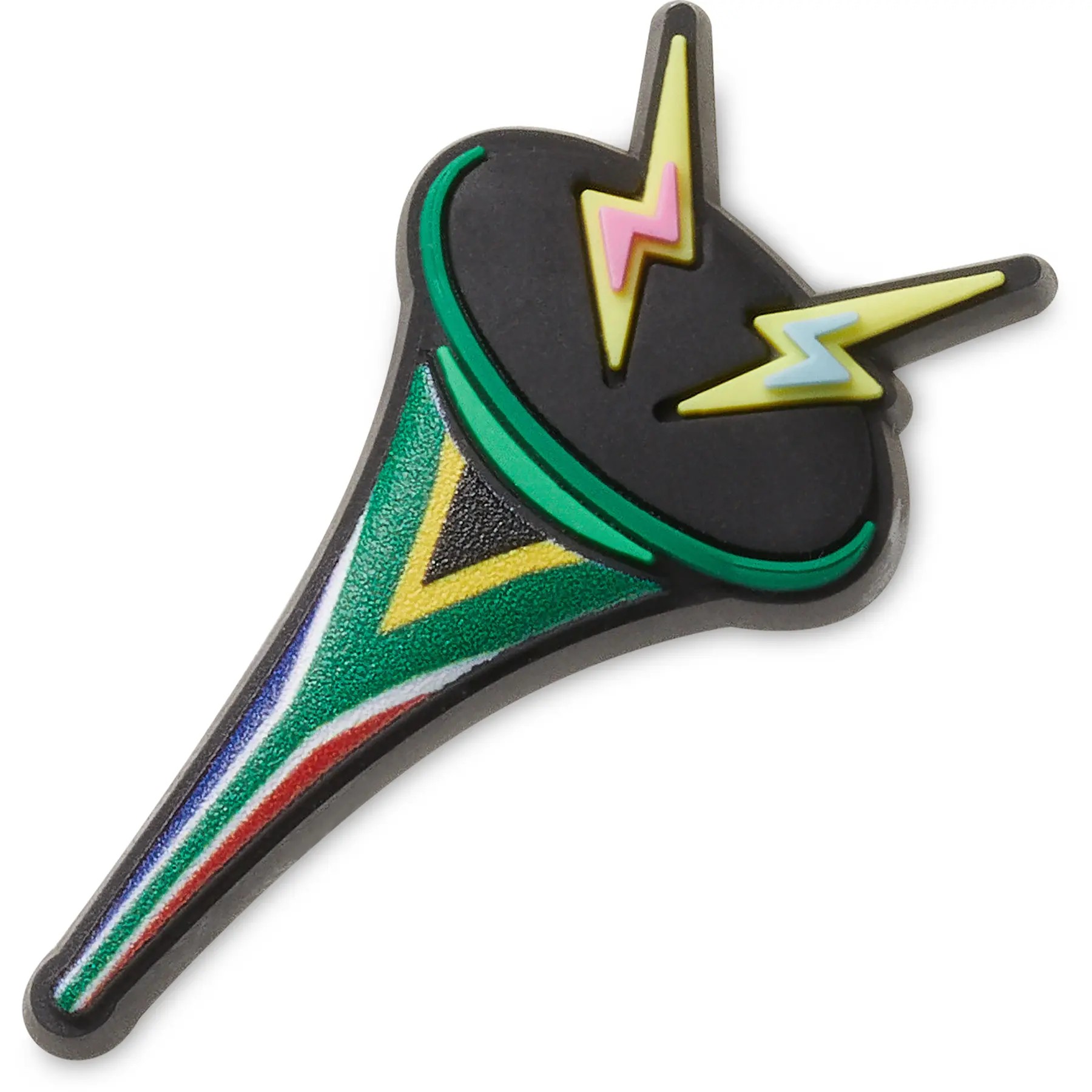 Colorful Jibbitz charm shaped like a vuvuzela, featuring a black horn with green, yellow, and red accents, and lightning bolt details, designed for Crocs footwear.