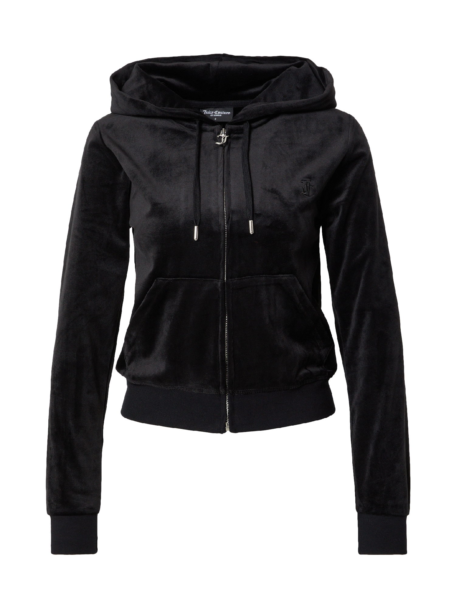 Black hooded sweatshirt made of soft polyester with a zip front, featuring a classic fit, two front pockets, and a subtle logo on the chest.
