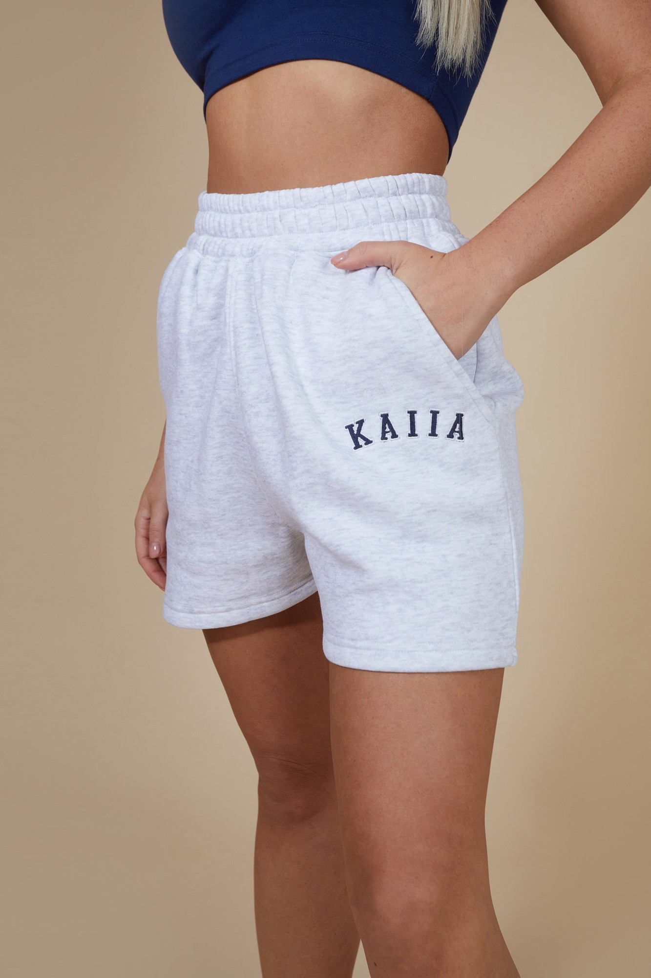 Kaiia Logo Sweat Shorts Light Grey Marl & Navy - image 2