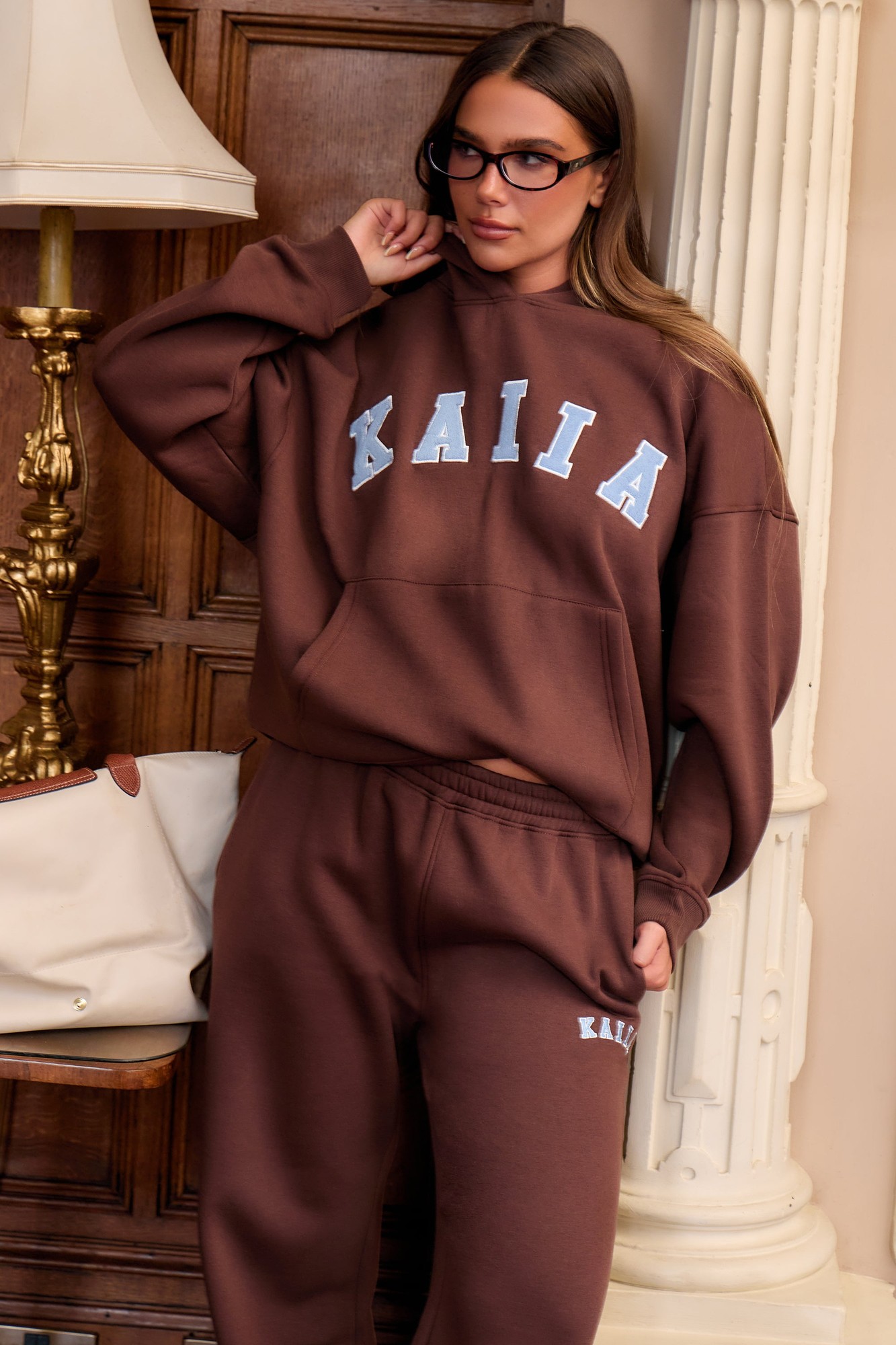 Kaiia Kaiia Slogan Oversized Hoodie Brown & Light Blue