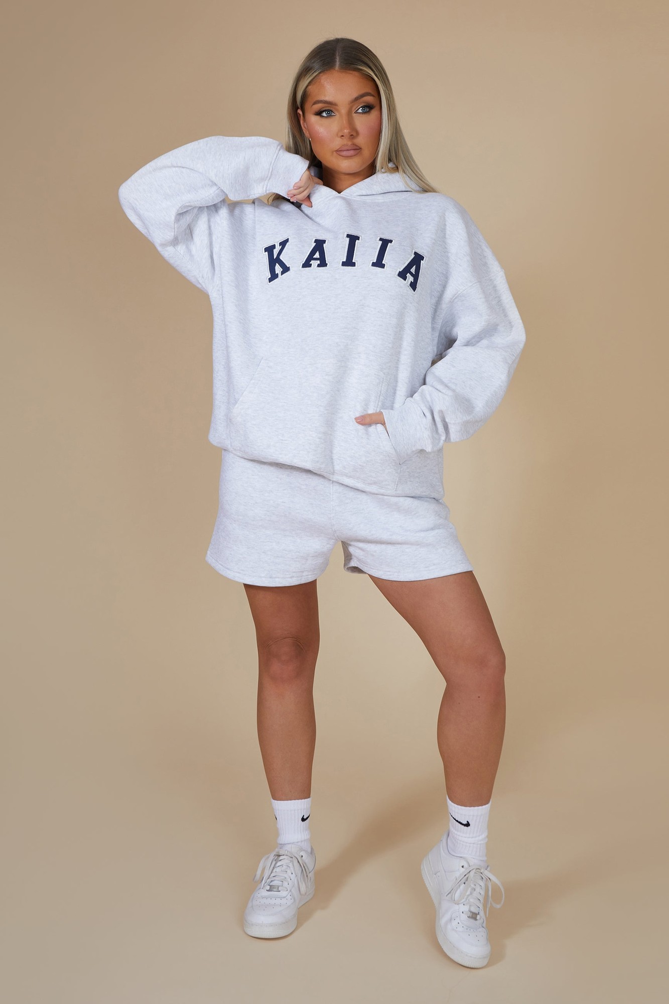Kaiia Slogan Oversized Hoodie Light Grey Marl & Navy - image 2