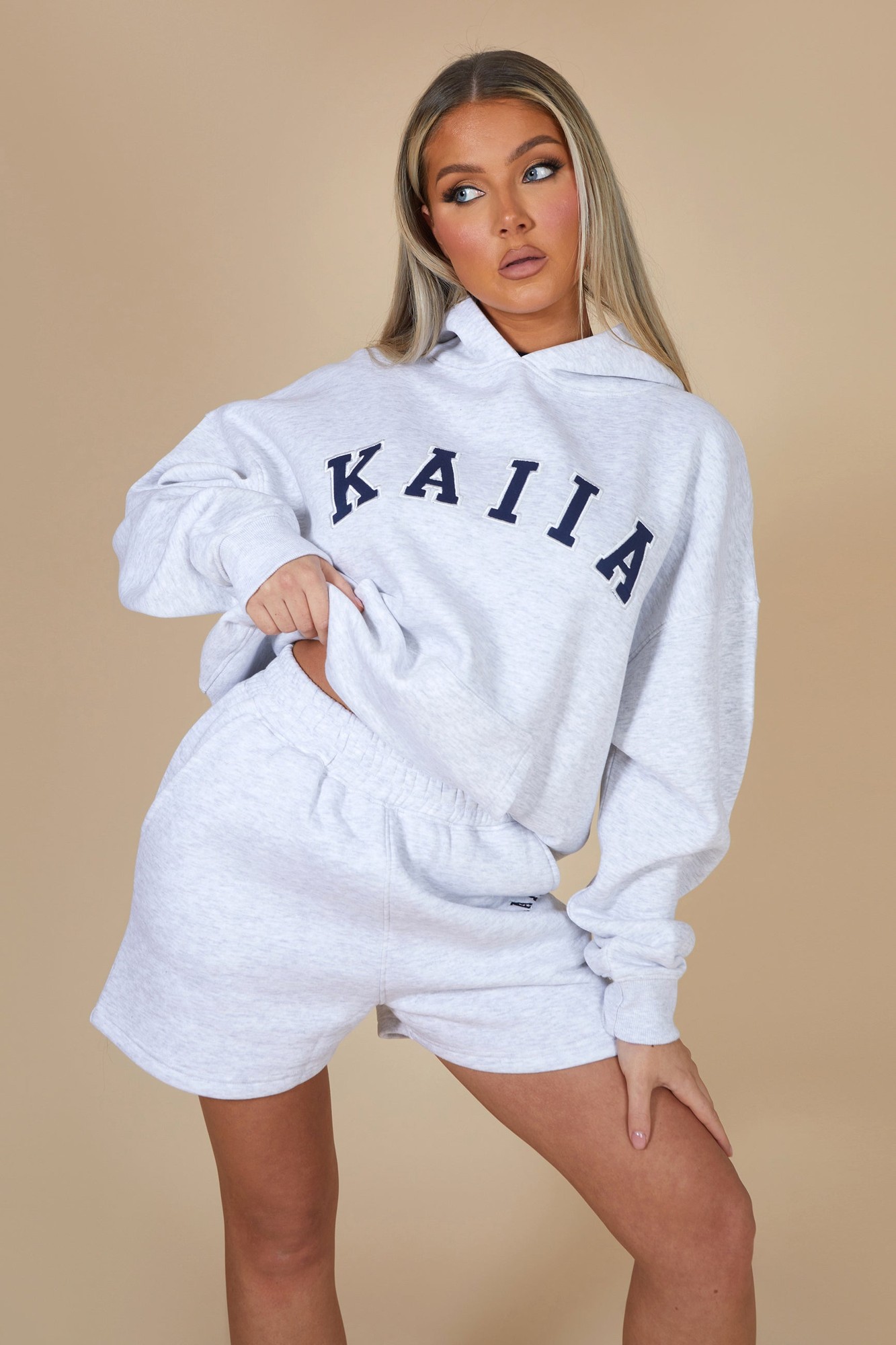 Kaiia Slogan Oversized Hoodie Light Grey Marl & Navy - image 3