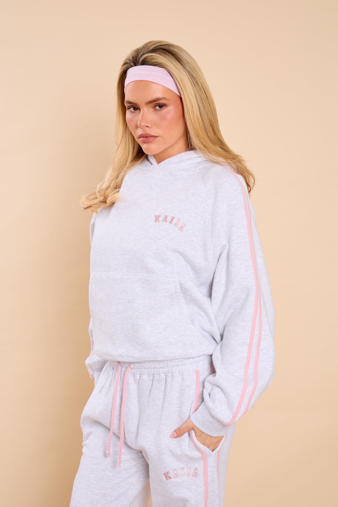 Kaiia Kaiia Sport Side Stripe Oversized Hoodie Light Grey Marl & Pink Sugar