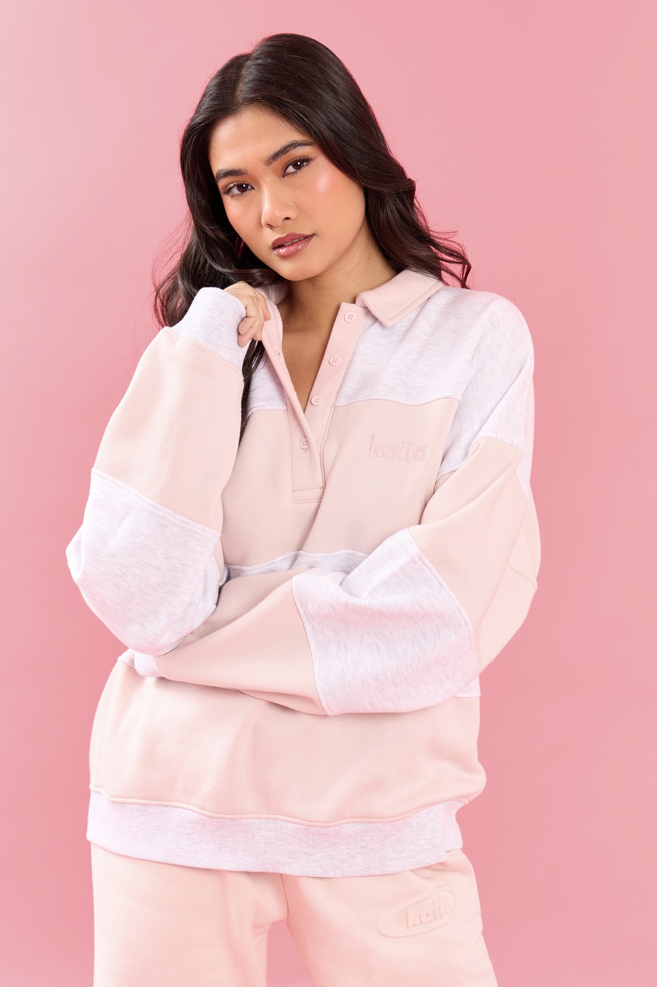 Light grey marl and pink meringue oversized rugby sweatshirt by Kaiia, featuring a collared neckline, button placket, and contrasting color-blocked sleeves.