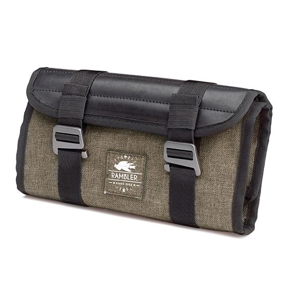 Olive green tool roll made of durable fabric, featuring a black synthetic leather flap, two adjustable straps, and a "RAMBLER" logo patch on the front.
