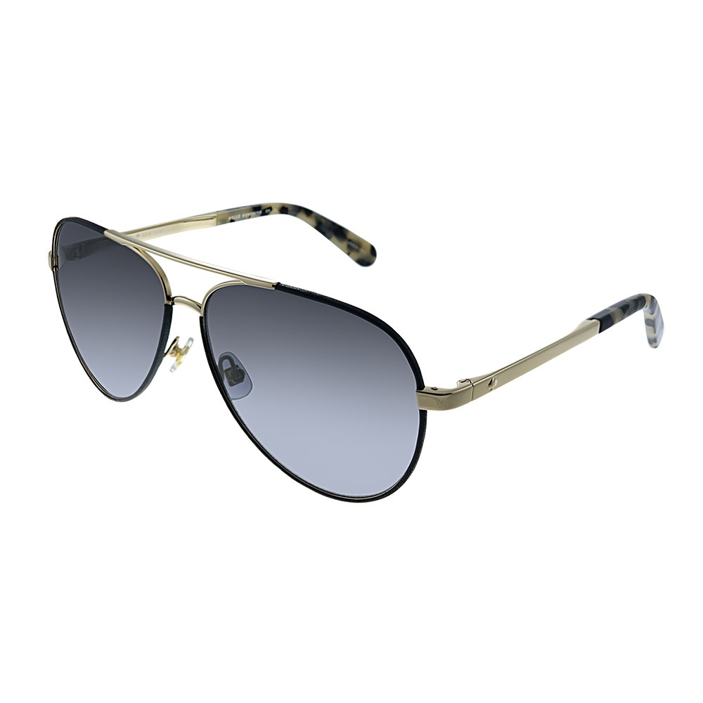 Gold metal aviator sunglasses with dark gray lenses and tortoiseshell-patterned tips on the arms, featuring a sleek and stylish design.