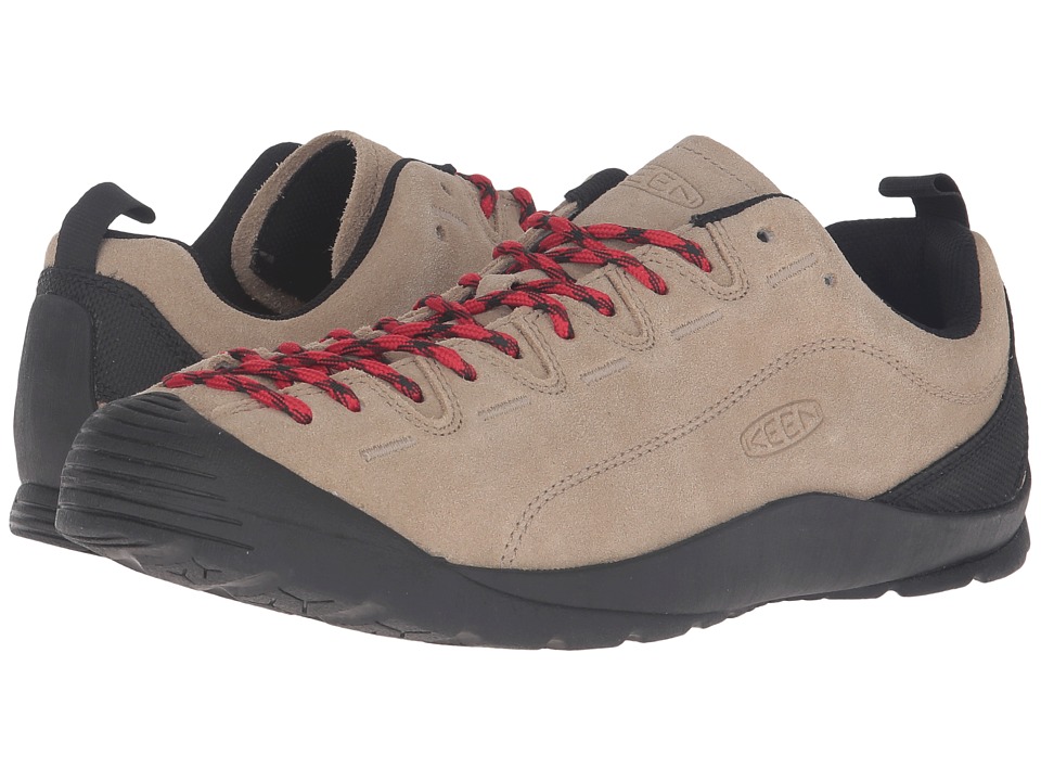 Men's Jasper Sneaker in Silver Mink features a light tan suede upper, black rubber sole, and red laces, designed for comfort and style in a regular size 7.