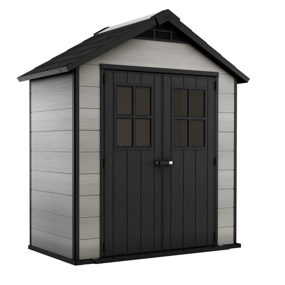 Grey Keter Oakland Shed measuring 7.5x4ft, featuring a sloped roof, double doors with windows, and a durable, weather-resistant design.