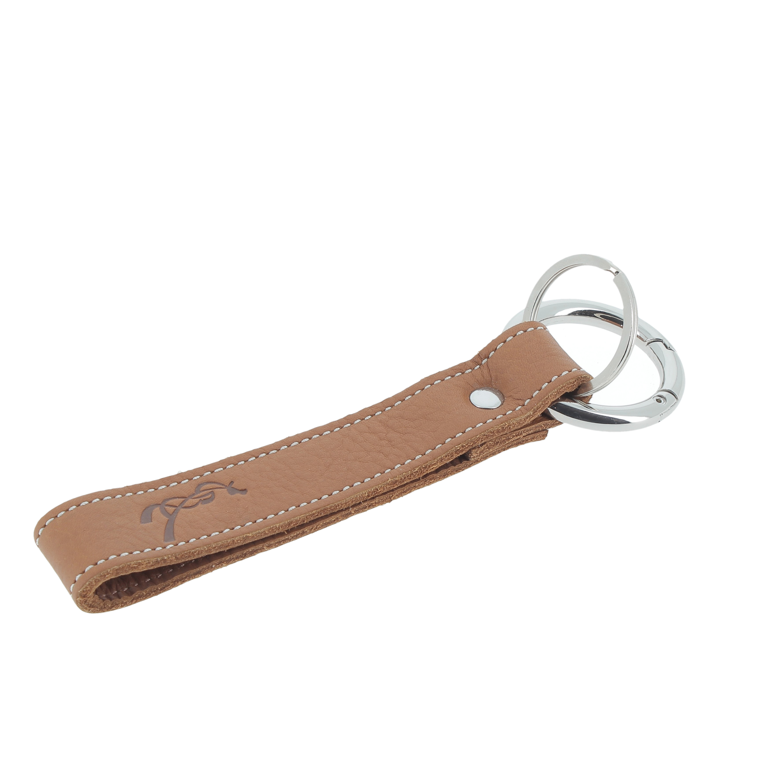 Brown leather keychain with a smooth finish, featuring a stitched edge and a silver metal keyring attachment, embossed with a signature logo.