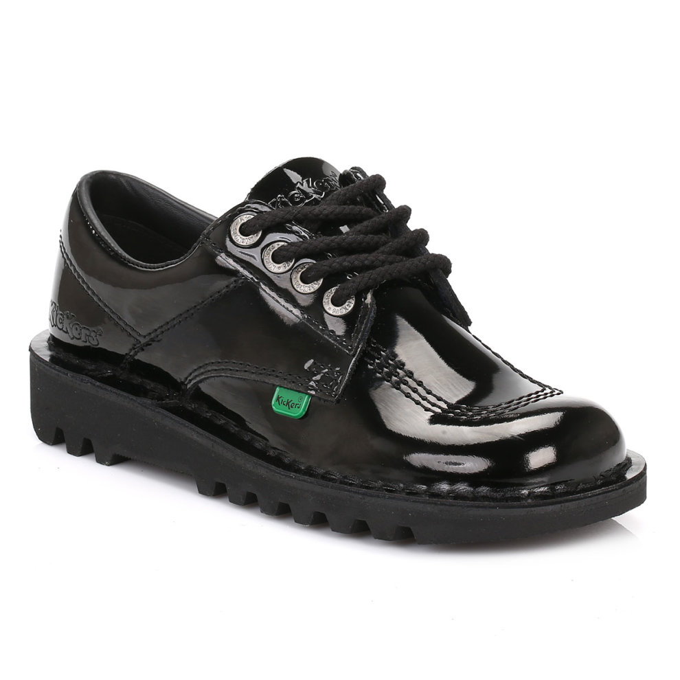 Black patent leather lace-up shoes with a chunky sole, featuring a stitched design and green Kickers logo, in size 3.