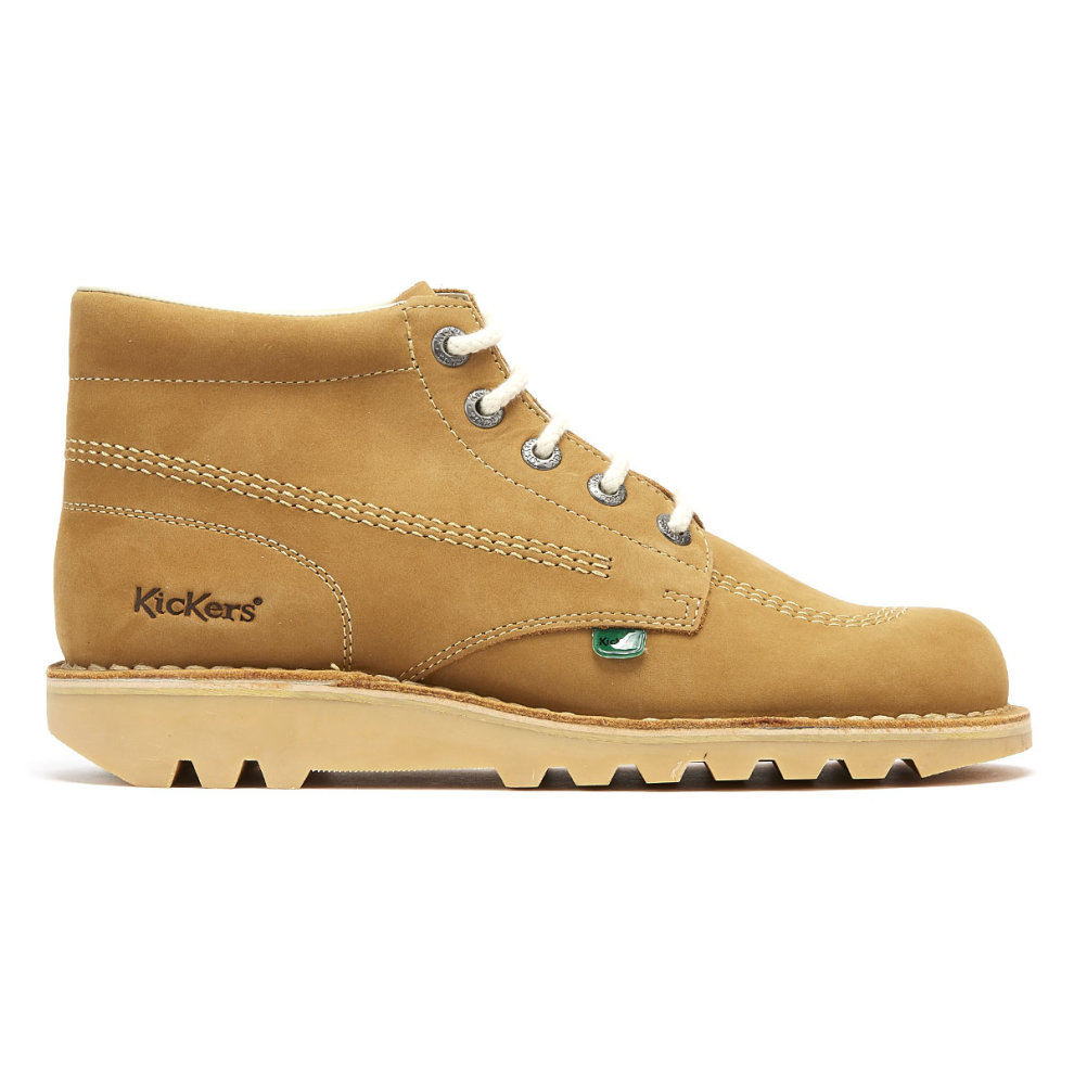Tan nubuck leather ankle boots with a lace-up design, featuring silver eyelets, a green Kickers logo, and a rugged, textured sole, size 6.5.