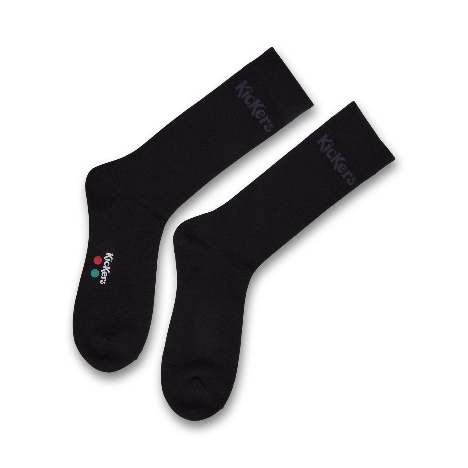 Black crew socks from Kickers, made of soft material, featuring the brand logo in gray and colorful dots, available in size S, sold in a 3-pack.