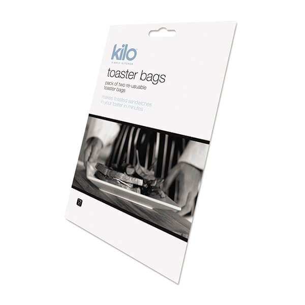 Set of two reusable toaster bags by Kilo, featuring a sleek white packaging with black text, designed for heating sandwiches and snacks in a toaster.