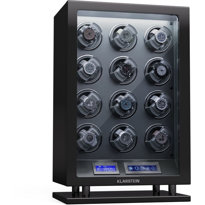 Black watch winder with a glass front, holding 12 watches, featuring LED display, remote control, and adjustable modes and speeds for optimal watch care.