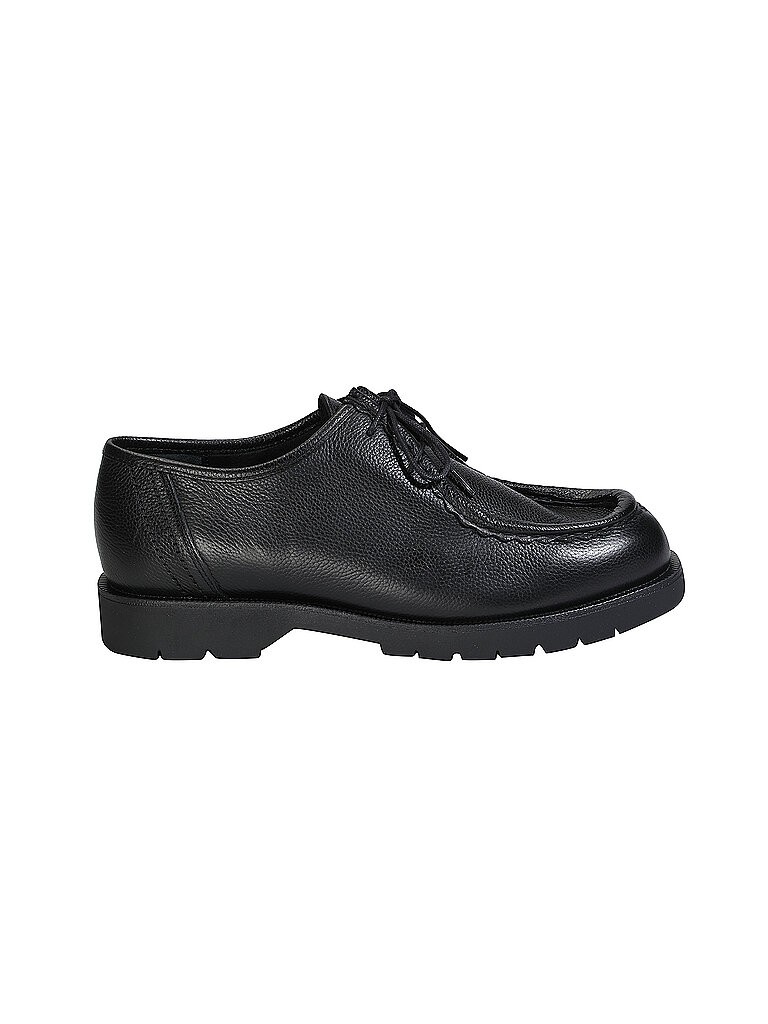 Black leather Derbie Kleman Padror G VGT shoe featuring a textured finish, rounded toe, and sturdy black rubber sole with a lace-up design.
