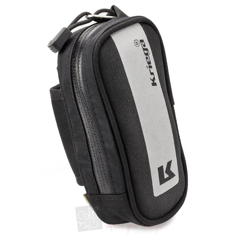 Black Kriega Universal Pocket with a gray reflective stripe, featuring a zip closure and durable fabric, designed for secure storage on motorcycle harnesses.