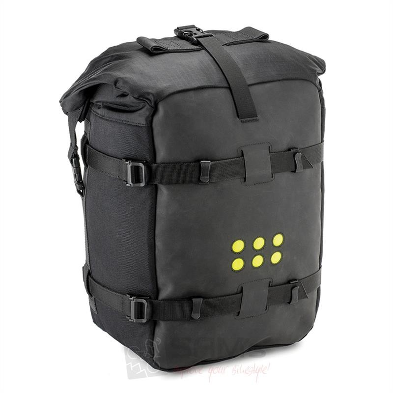 Kriega OS-18 rear bag in black waterproof material features adjustable straps, a roll-top closure, and reflective yellow dots for visibility.