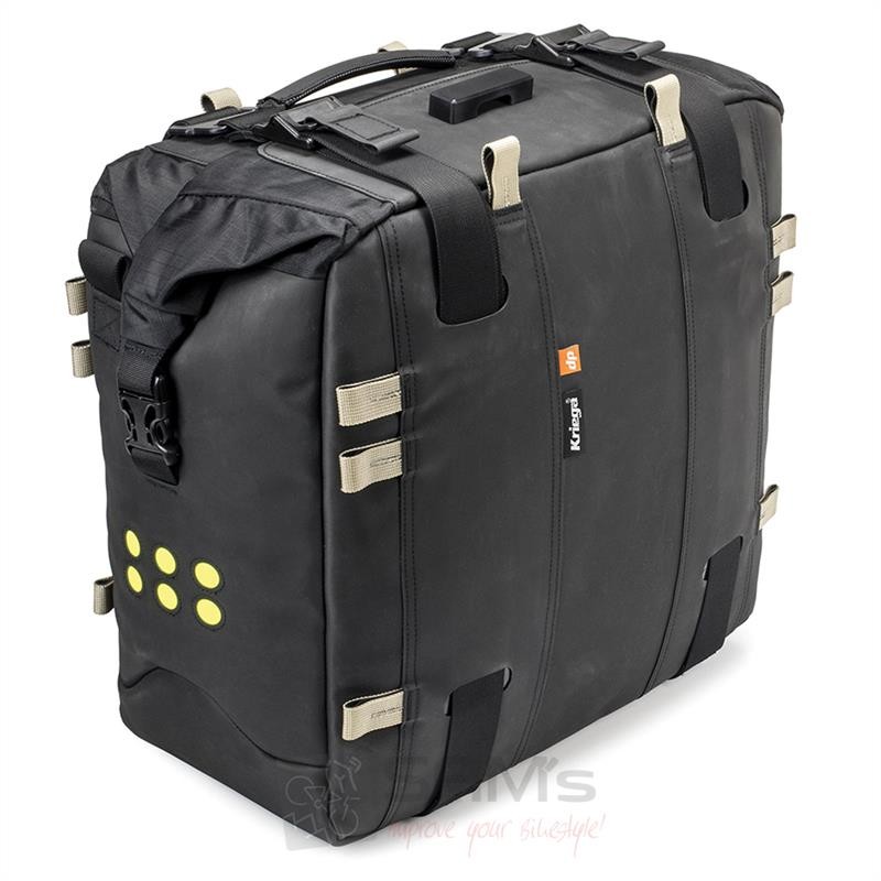 Black waterproof saddle bag with a sturdy design, featuring adjustable straps, reflective accents, and a top handle for easy carrying, ideal for motorcycle use.