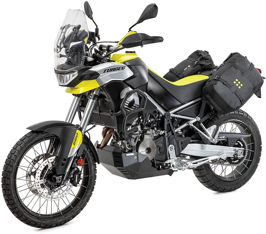 Kriega Aprilia Tuareg 660 OS-Base features a sleek black and yellow motorcycle with a rugged design, equipped with a windshield, off-road tires, and durable side bags for flexible mounting.