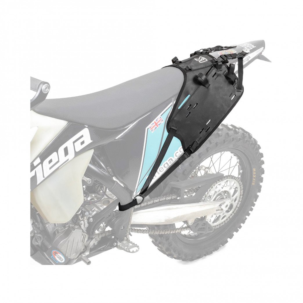 Flexible black mounting system for dirt bikes, featuring adjustable straps and a durable design, securely attached to a motorcycle seat with a sleek, modern look.