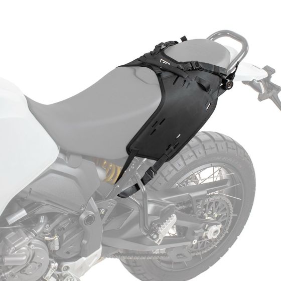 Black flexible mounting system designed for Ducati Desert-X, featuring adjustable straps and a durable material for secure attachment to the motorcycle seat.