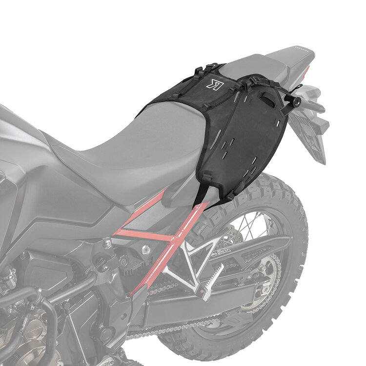 Black nylon mounting system for Honda CRF1100L Africa Twin, featuring adjustable straps, a sleek design, and a durable build for secure luggage attachment.