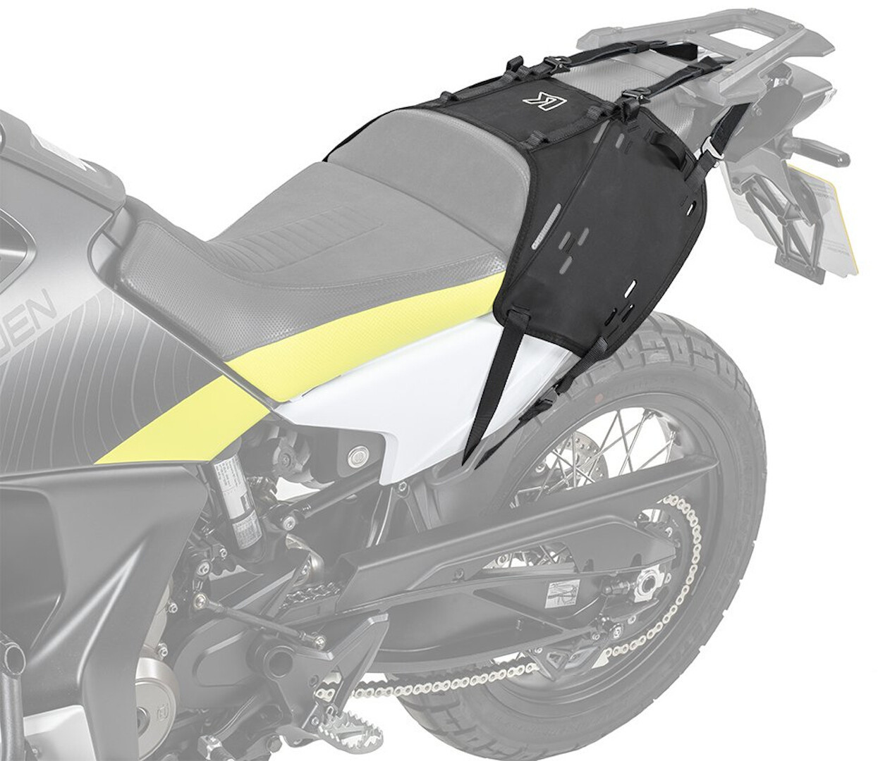 Black flexible mounting system for the Kriega Husqvarna Norden 901, featuring adjustable straps and a sleek design, securely attached to a motorcycle seat.