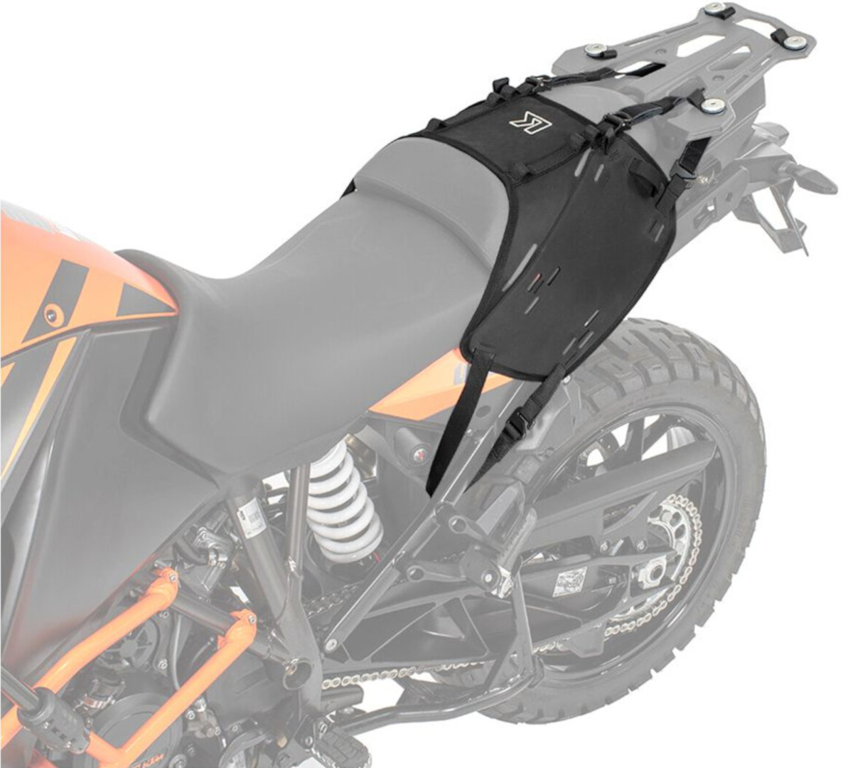 Black Kriega OS-Base mounting system designed for KTM Adventure motorcycles, featuring adjustable straps and a durable, weather-resistant material for secure attachment.