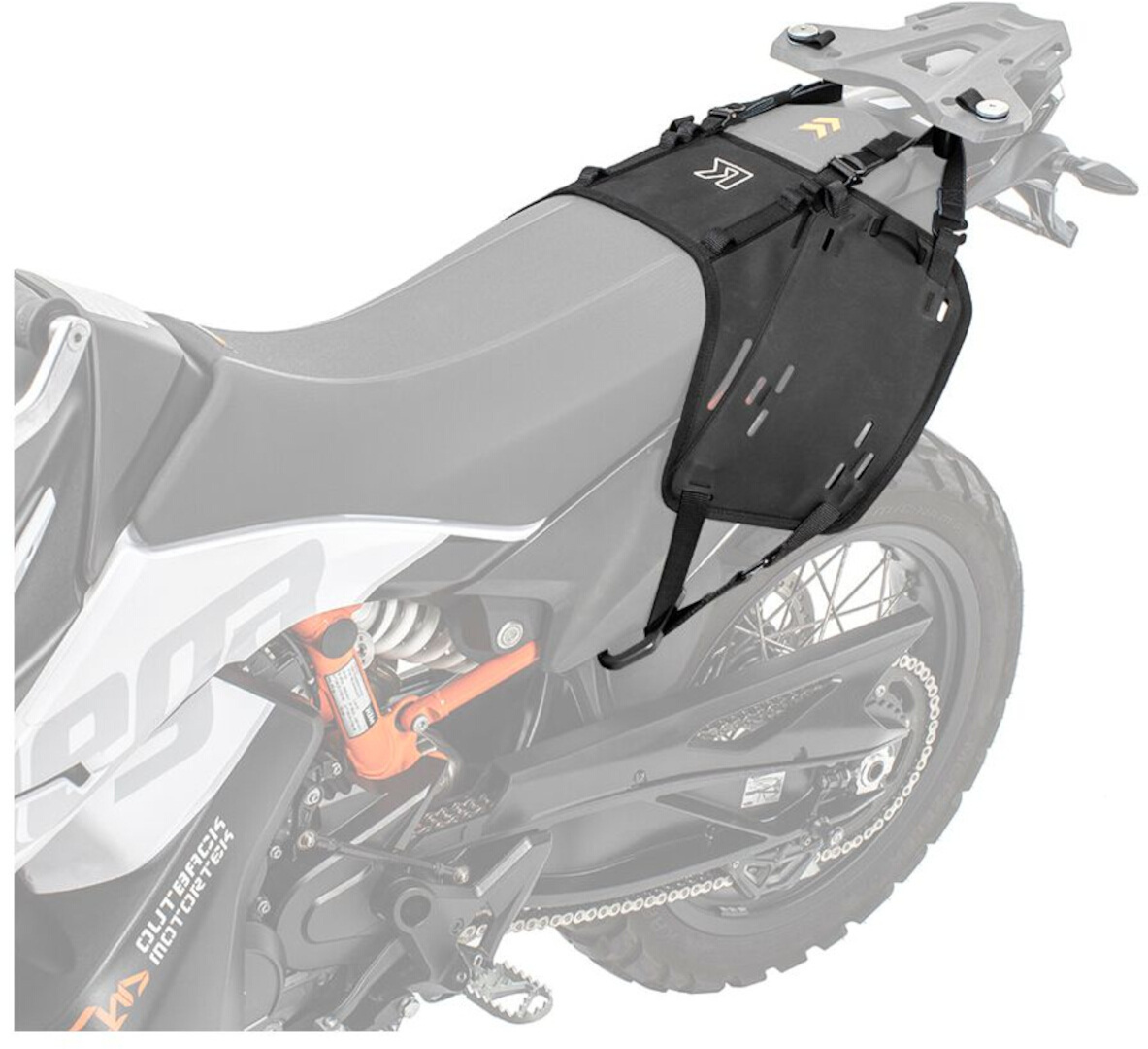 Black Kriega OS-Base mounting system for KTM 790 Adventure, featuring adjustable straps, a durable fabric design, and multiple attachment points for versatility.