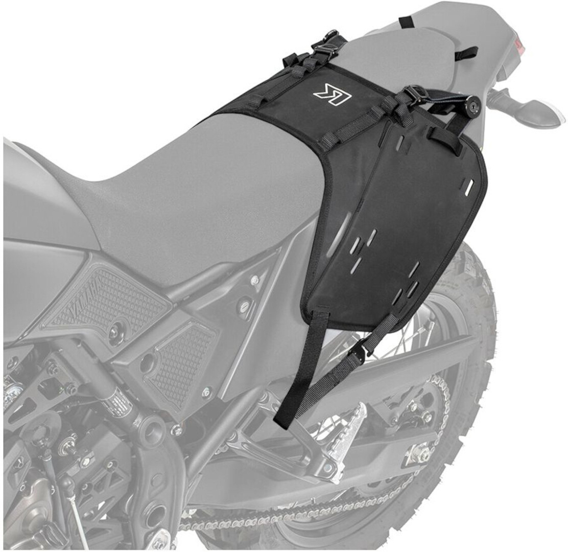 Black flexible mounting system designed for the Yamaha Ténéré 700, featuring adjustable straps and multiple attachment points for secure fitment.